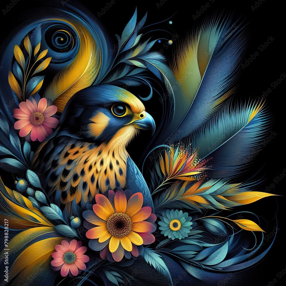 Floral artistic image of black background blue yellow magenta green falcon bird with her baby Floral artistic image of black background blue yellow magenta green falcon bird with her baby