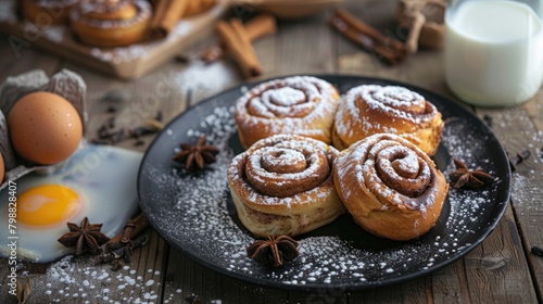 Traditional cinnamon rolls served on a black plate with a background of milk and eggs against a wooden table