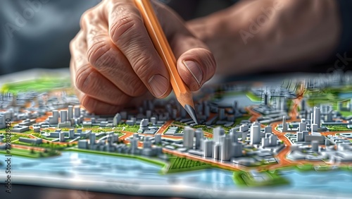 Man using pencil to point at cadastral map for real estate decision. Concept Real Estate Decision, Cadastral Map, Man Pointing with Pencil