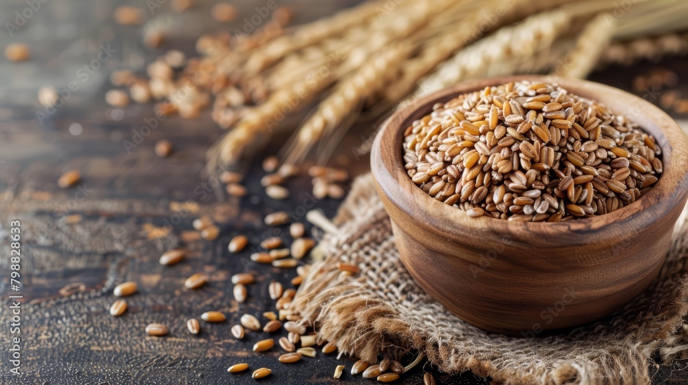 A wooden bowl filled with wheat grains. There is a burlap sack and wheat stalks on the table.