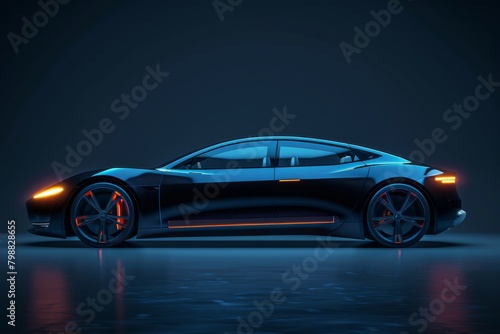 Electric Car on Dark Background. Sleek and Modern Design Eco-Friendly Vehicle. Shiny Clean Lines and Detailed Side View of Modern Automotive. Automotive 