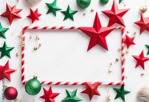 'concept. lay confetti New Christmas composition. top view holiday green Frame white winter made star Year red Flat background. party invitation colourful deco'