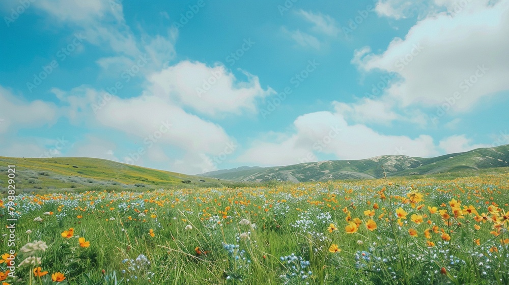 Fototapeta premium Serene Meadow with Wildflowers and Rolling Hills Under a Clear Blue Sky