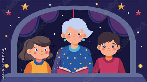 A grandmother and her grandchildren sit inside a Legacy Story Booth the childrens faces filled with wonder and amazement as they listen to stories of. Vector illustration