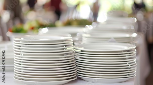 The white dinner plates, with their clean lines and timeless design, exude an air of sophistication and professionalism that befits the occasion. Each plate is carefully inspected for perfection, photo