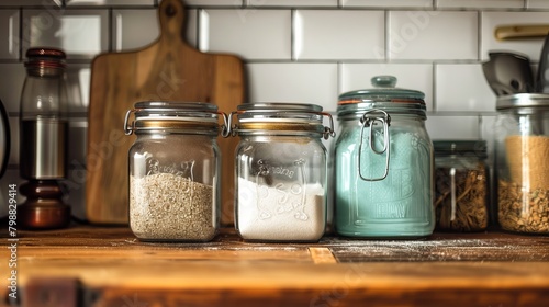 Visualize a meticulously organized kitchen where storage containers serve as elegant and efficient solutions for keeping essentials like sugar, tea, and flour neatly stored and easily accessible.  photo