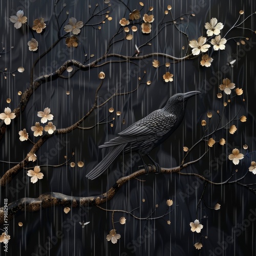 A black raven bird on a branch in a rainy day and black background