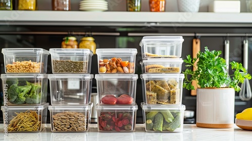 Picture a well-organized kitchen where storage containers play a pivotal role in maintaining order and efficiency. In this scene, sleek and versatile containers line the shelves and drawers, offering  photo