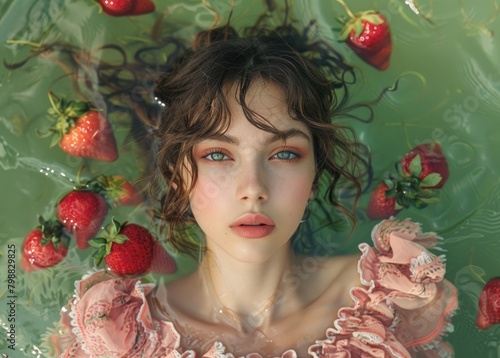 Portrait of a girl with green eyes floating in green water with strawberries.
