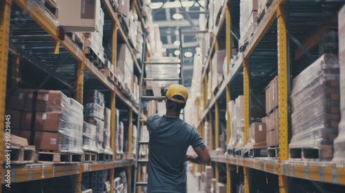 Warehouse worker using stepladder to access higher shelves and retrieve a box from the top level