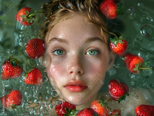 A teenage girl in water with red strawberries.