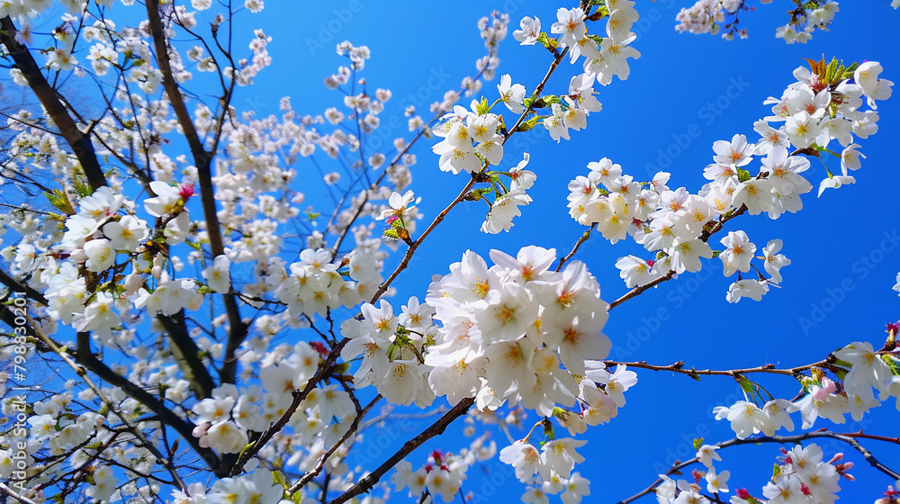 Blossoming Cherry Branches Against a Clear Blue Sky Blossoming Cherry Branches Against a Clear Blue Sky
