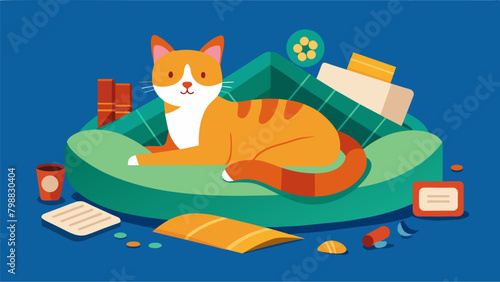 A cat is comfortably lounging in a bed made from repurposed materials showcasing the creativity and resourcefulness of sustainable pet care.