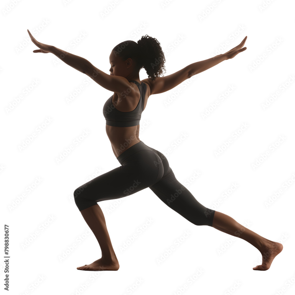 Obraz premium A person in a yoga studio performing the Warrior III pose, showing focus and determination, on a transparent background.