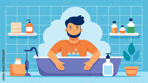 A man takes a break from his busy schedule to indulge in a selfcare session using a calming and grounding essential oil blend in his bath and skincare.