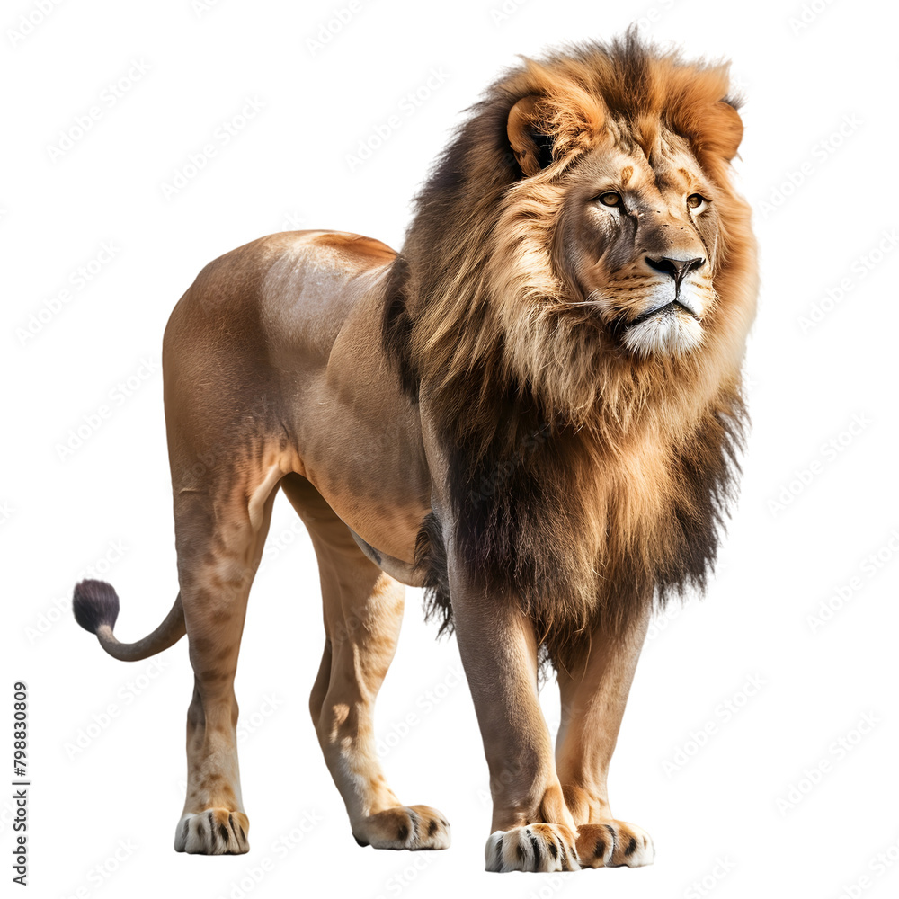 A majestic lion standing with a calm demeanor, mane detailed, on a transparent background.