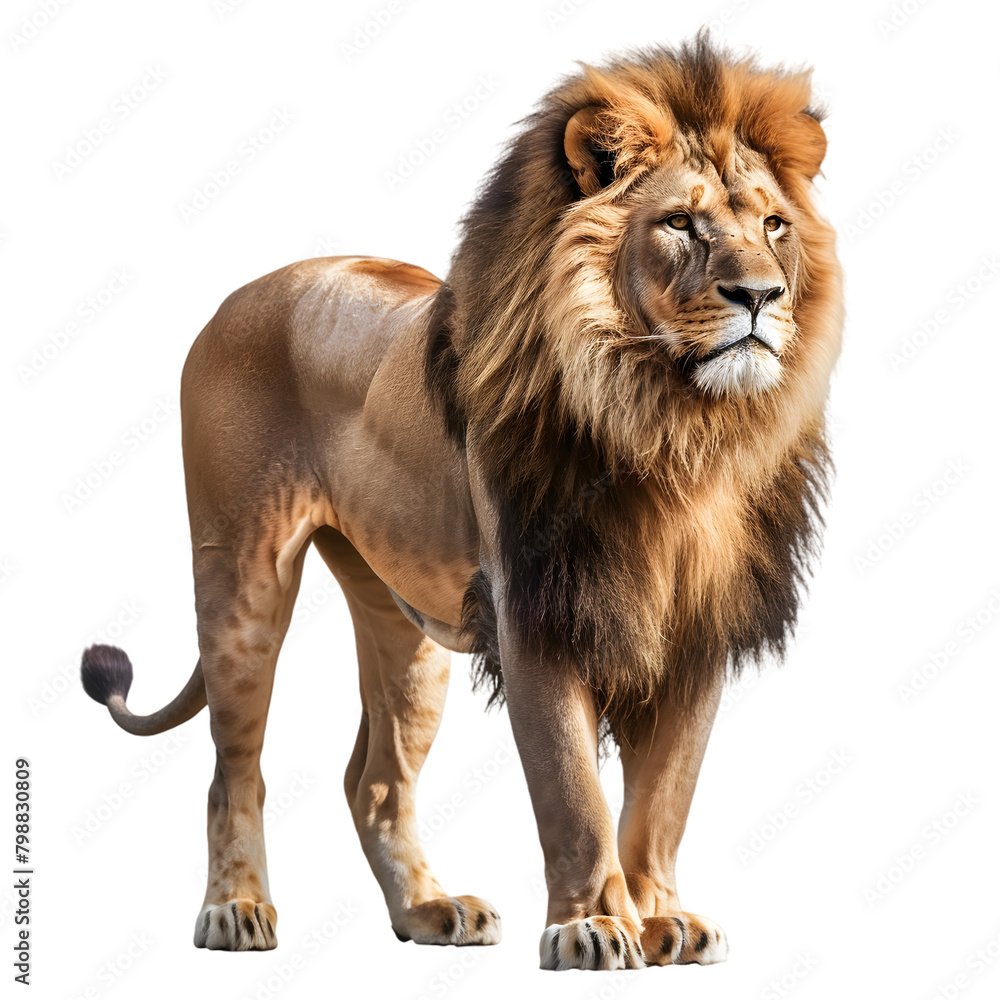 Obraz premium A majestic lion standing with a calm demeanor, mane detailed, on a transparent background.