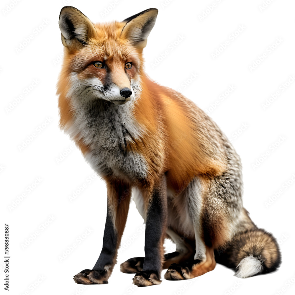 A red fox in a hunting stance, focused and alert, on a transparent background.