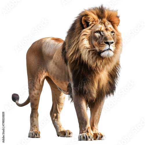 A majestic lion standing with a calm demeanor  mane detailed  on a transparent background.