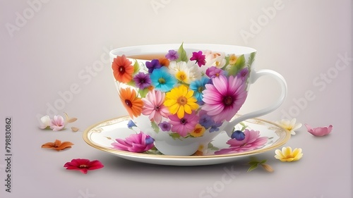 close-up of a dainty teacup and saucer with a crisp white background that highlights its elaborate design.