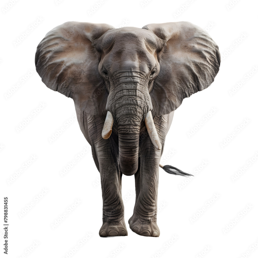 Fototapeta premium A majestic elephant with large ears and a raised trunk, symbolizing strength and wisdom, on a transparent background.