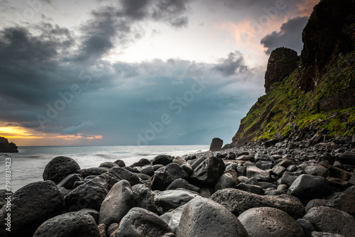 Ribeira da Janela. Volcanic  rock formations standing the Atlantic Ocean at dramatic sunrise, Madeira Island, Portugal © marcin jucha