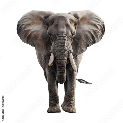 A majestic elephant with large ears and a raised trunk, symbolizing strength and wisdom, on a transparent background.