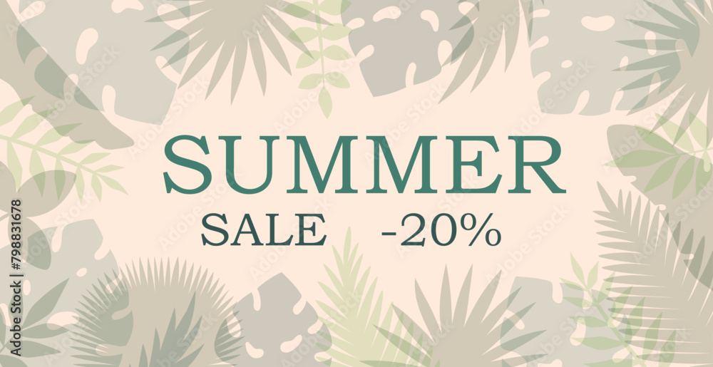 Tropical leaves background. Summer Sale banner design with flower and ...