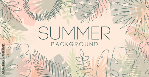 Tropical leaves background. Summer Sale banner design with flower and leaf. Monstera, banana tree, palm leaves, exotic foliage. Abstract art. Vector illustration
