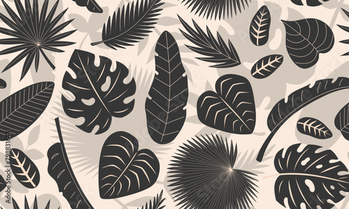 Seamless pattern with Tropical leaves. Abstract exotic background. Monstera, banana tree, palm leaves, foliage in silhouettes. Flat Vector illustration 
