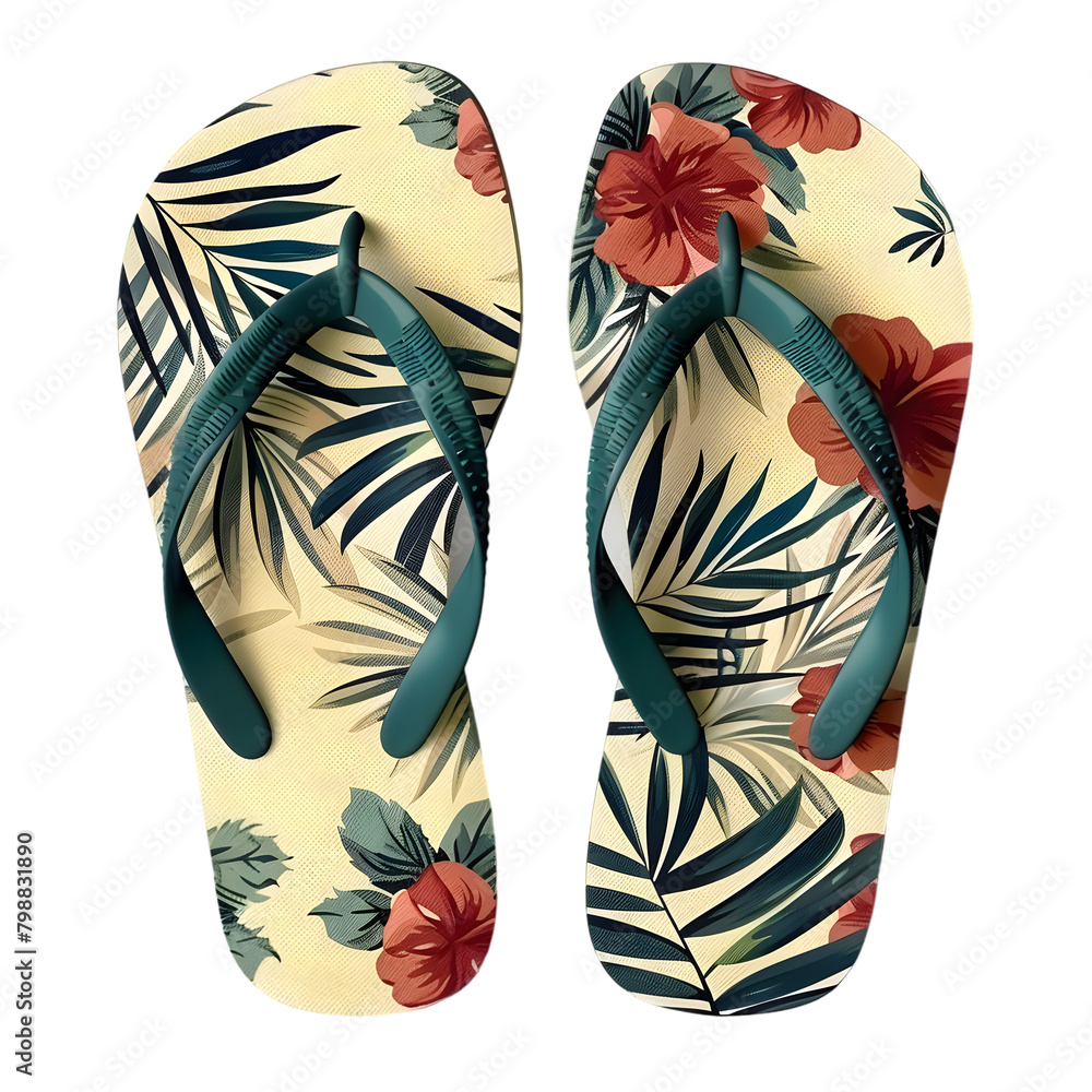 A pair of flip flops with a floral design, casual summer footwear, on a ...