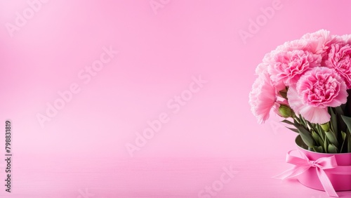 Mother's Day background with a picture of a place to copy, a pink carnation and a ribbon in the shape of a cone.