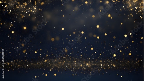 abstract background featuring gold and dark blue particles. Christmas Golden light particles bokeh against a background of navy blue. Texture of gold foil. Idea for a holiday.