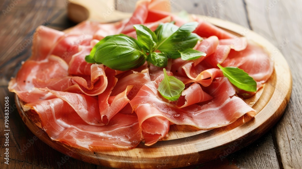 Parma ham slices on a wooden platter Parma ham slices on a wooden platter