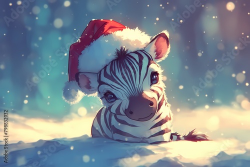 cartoon of a zebra wearing a christmas hat in winter