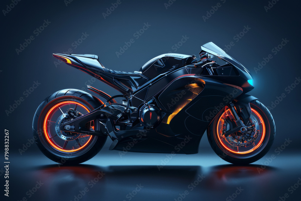 Motorcycle on Dark Background. Sleek and Modern Design High-Performance Bike. Motorcycle on Dark Background. Sleek and Modern Design High-Performance Bike.