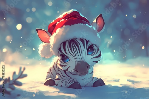 cartoon of a zebra wearing a christmas hat in winter