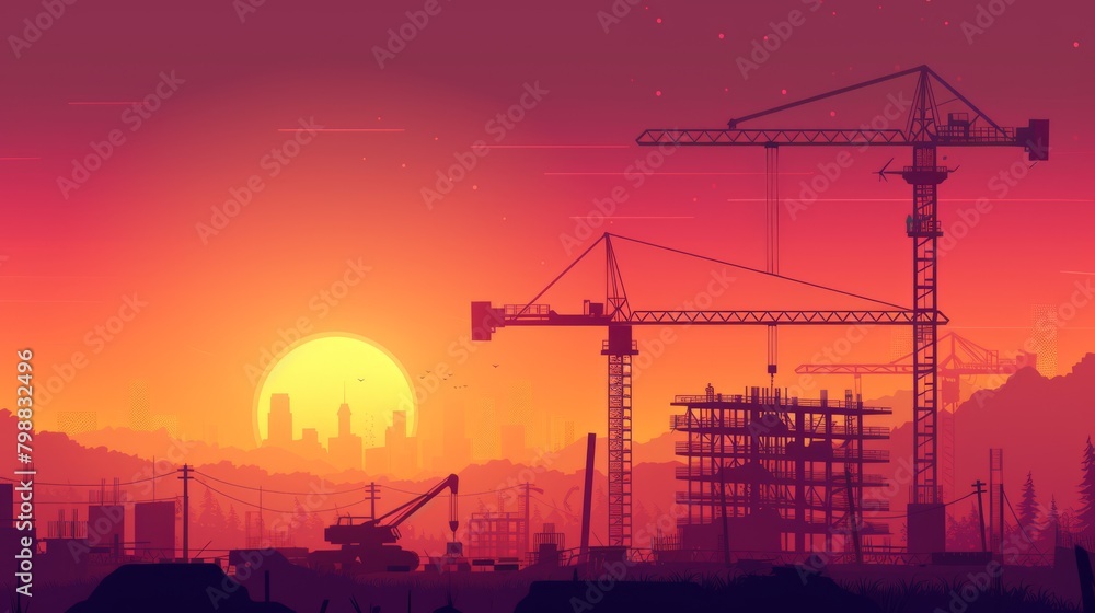 a picture of a construction site with a sunset in the background.