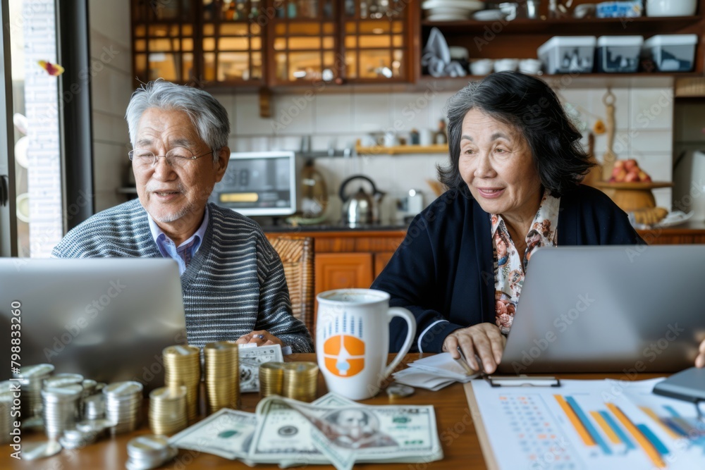 Elderly Interracial Couple Reviewing Financial Data on Laptop at Home