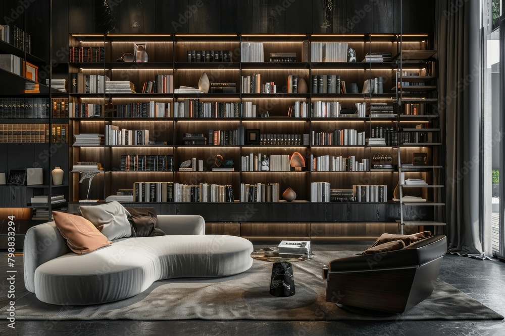 Library on Dark Background. Sleek and Modern Design Exclusive Reading Room. Library on Dark Background. Sleek and Modern Design Exclusive Reading Room.