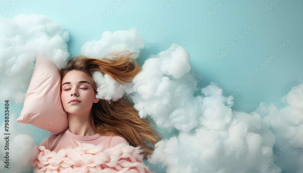 Young woman with blanket and pillow lying on soft cloud against light blue background