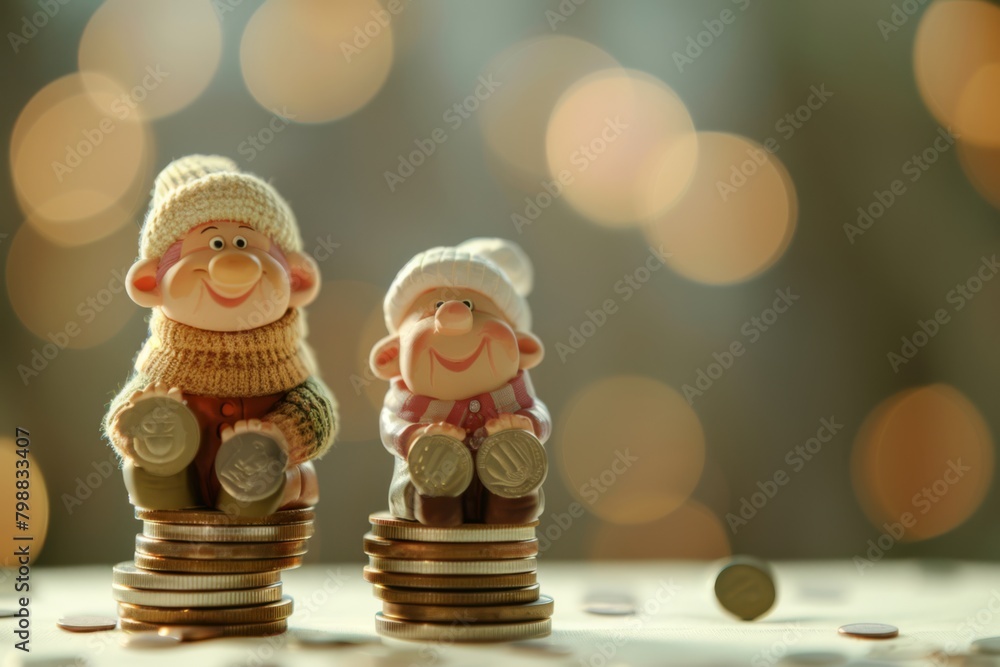 Elderly Couple Figurines Seated on Coin Stacks ready for retirement