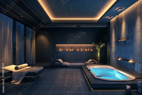 Luxury Expensive Private Spa Suite on Dark Background. Sleek and Modern Design Exclusive Wellness Retreat. 