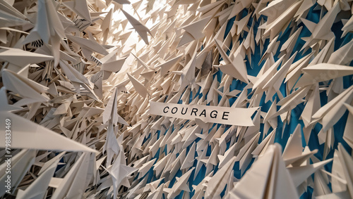 The word "COURAGE" written among many paper airplanes in the sky.