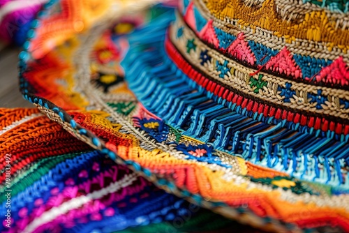 Celebrating Mexican Culture: Close-Up Shots of Vibrant Sombrero Embroidery © dekreatif