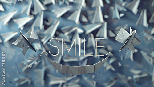 The word "SMILE" written among many paper airplanes in the sky.