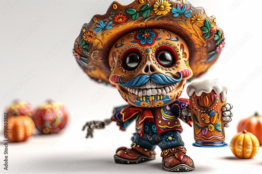 Skull Cartoon Character with Mexican Hat and Mustache Holding Colorful Beer Mug