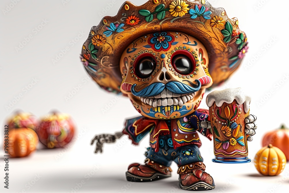 Skull Cartoon Character with Mexican Hat and Mustache Holding Colorful Beer Mug Skull Cartoon Character with Mexican Hat and Mustache Holding Colorful Beer Mug