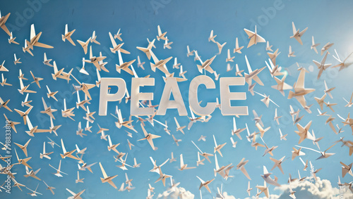 The word "PEACE" written among many paper airplanes in the sky.