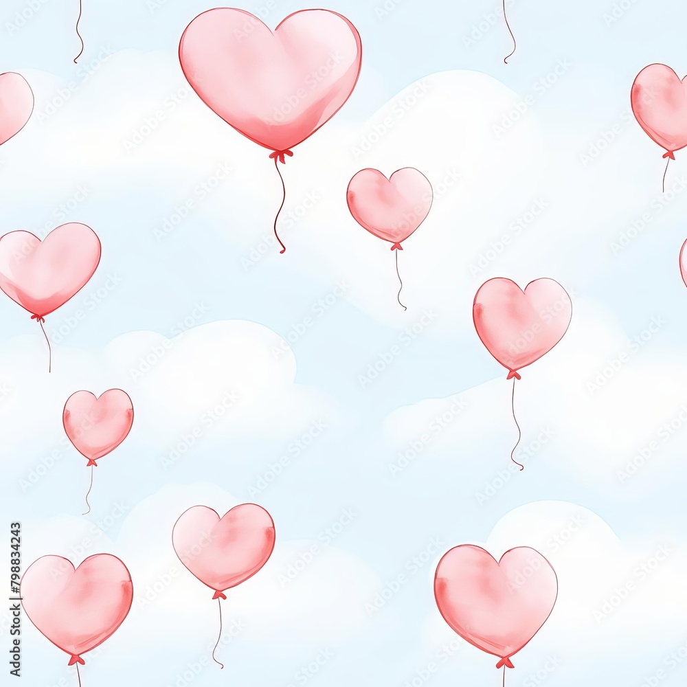 A bunch of red balloons with hearts on them are floating in the sky